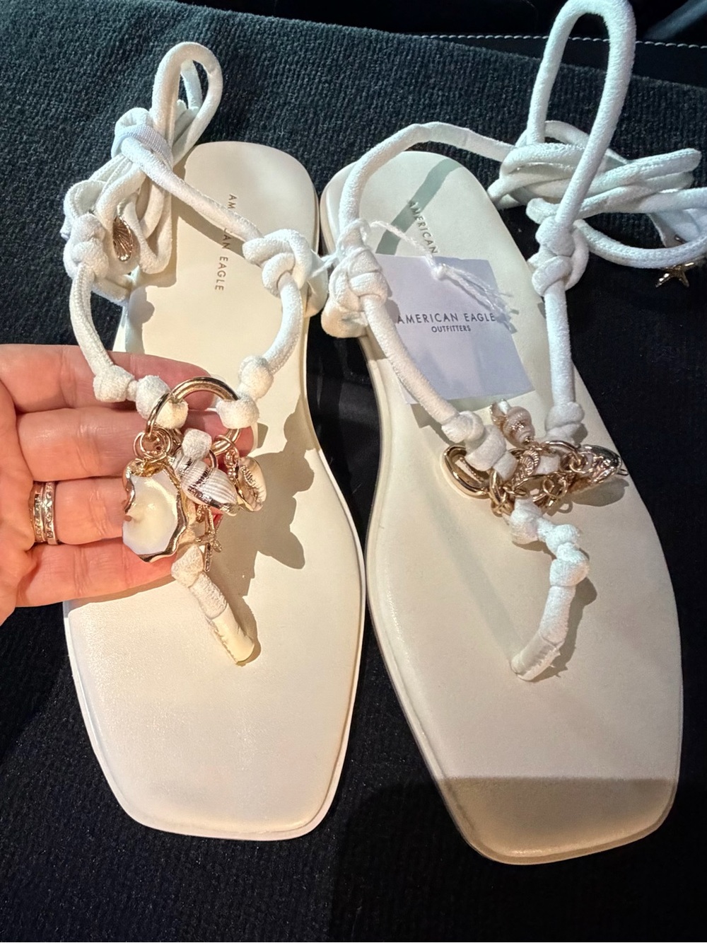 American Eagle Outfitters White Knot Tie Sandals with Gold Charm Accents
